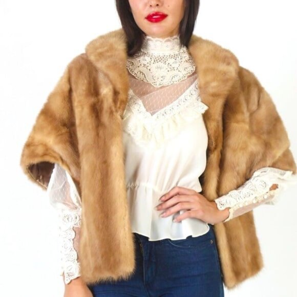 Vintage Golden Mink Fur Stole Over-the-Shoulders Cape M - Picture 1 of 6